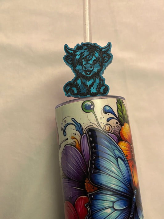 3d Printed Straw Topper - Blue - Highland Cow